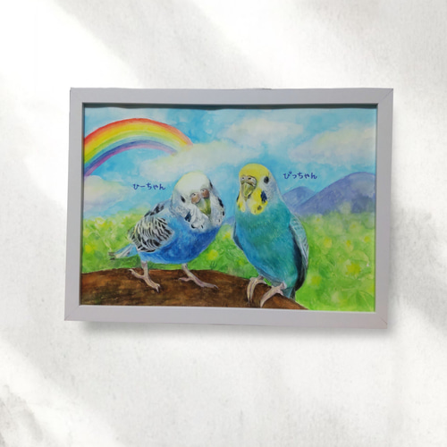 【真作】絵画　水彩　セキセイインコ　ペア　二羽の小鳥　青と緑のインコ　Y185 セキセイインコの水彩肖像画【手描き原画】（簡易額付/オーダー） 絵画