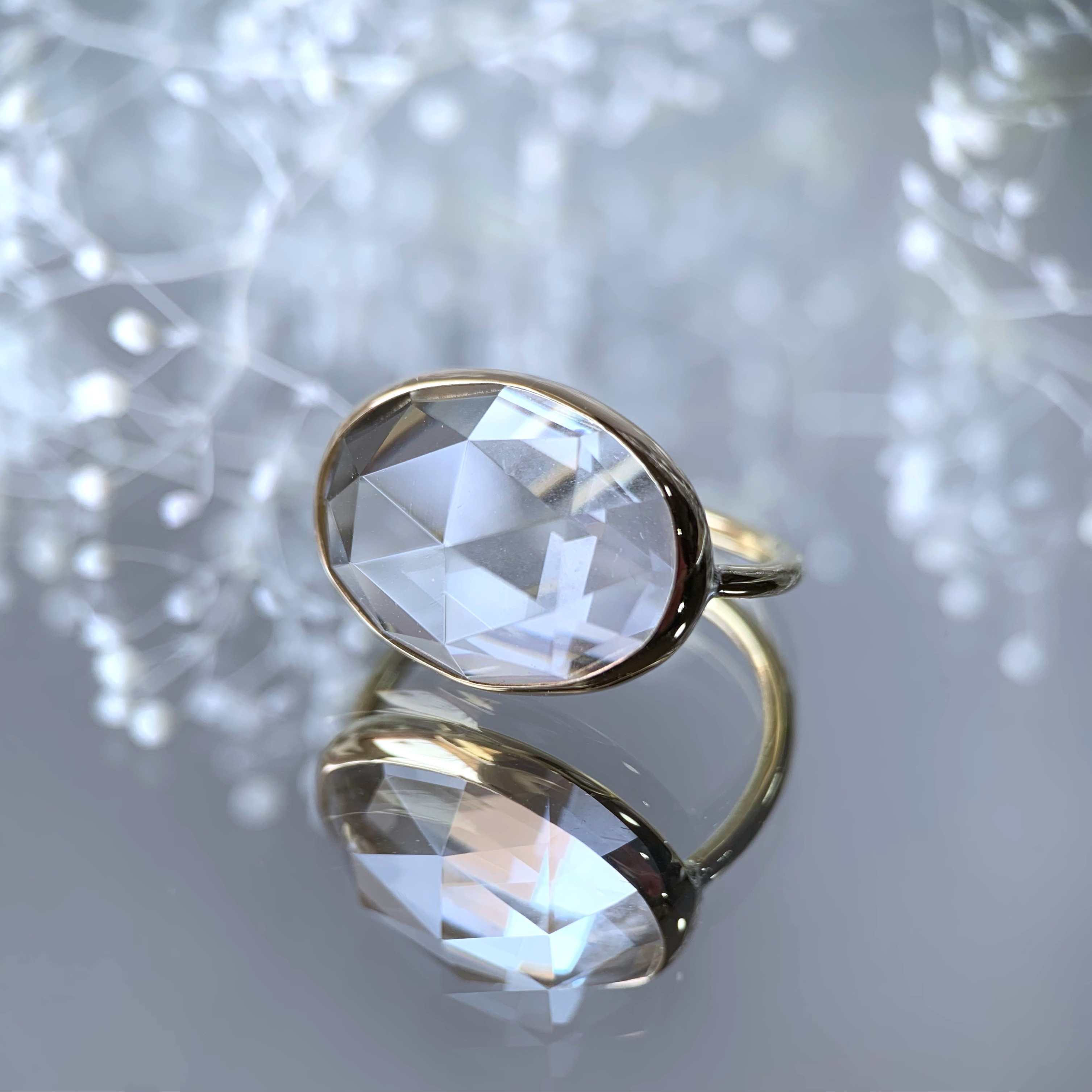 【受注製作】大粒の透明なクリスタルクォーツ ローズカットリング（真鍮・silver）