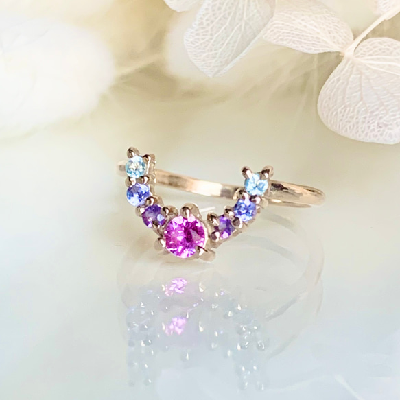 [再販] 10金・18金・プラチナ高品質ピンクサファイアと天然石の馬蹄ホースシューリング【セミオーダーメイド】 5枚目の画像