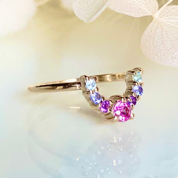 [再販] 10金・18金・プラチナ高品質ピンクサファイアと天然石の馬蹄ホースシューリング【セミオーダーメイド】 6枚目の画像