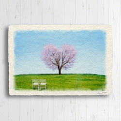 手すき和紙 アート 木製 パネル (30x21cm) 「丘の上のハートの桜の木と白い椅子」 インテリア おしゃれ 壁掛け 2枚目の画像