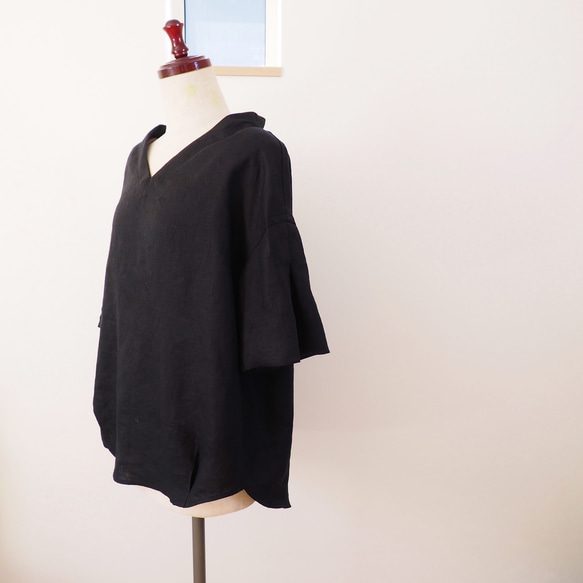 美しい襟元のリネンブラウス　（ブラック/　ネイビー）　選べる袖丈 8枚目の画像