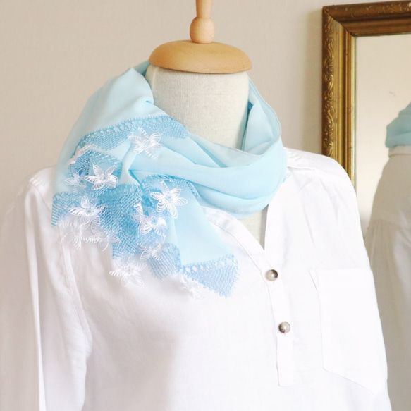 [Made to order] OYA Needlelace shawl [STELLA] Baby Blue 第5張的照片