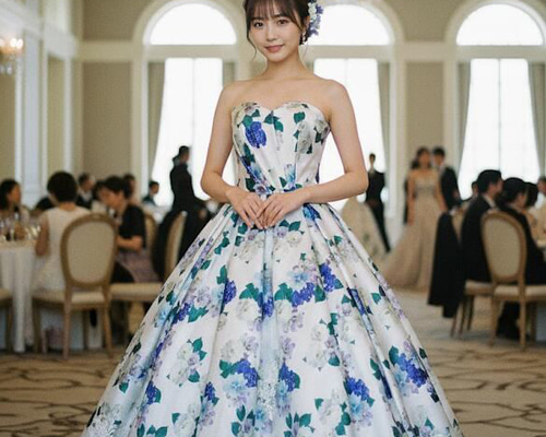カラードレス ブルー系花柄 フォトウェディング 結婚式 前撮り