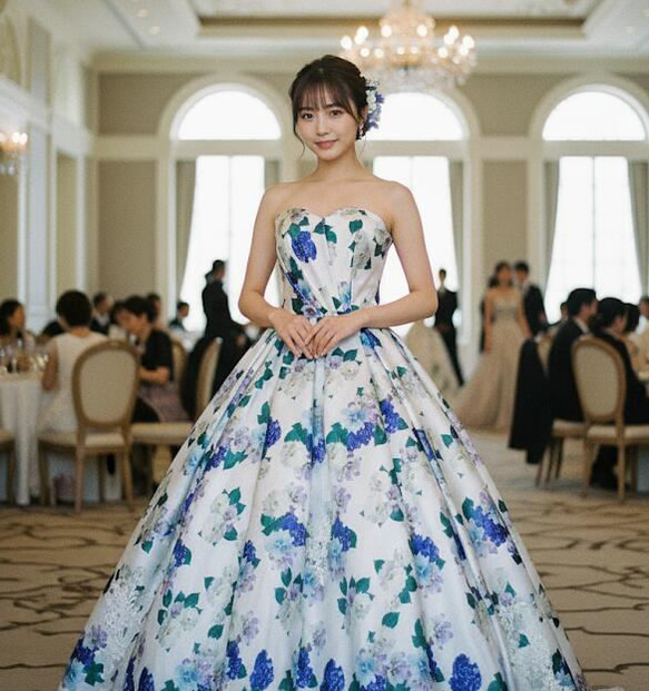 カラードレス ブルー系花柄 フォトウェディング 結婚式 前撮り 演奏会