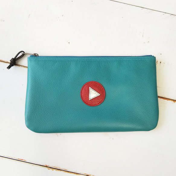 本革フラットポーチL◆再生ボタン(ターコイズ)◆いろいろ使える♪横長マルチレザーケース◇皮 3枚目の画像