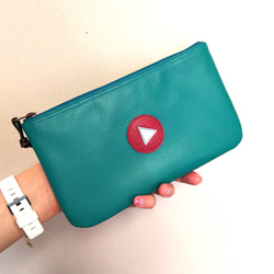 本革フラットポーチL◆再生ボタン(ターコイズ)◆いろいろ使える♪横長マルチレザーケース◇皮 7枚目の画像