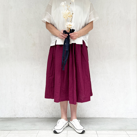 ワッシャーダブルガーゼのミモレ丈ギャザースカート シチリアンパープル 2枚目の画像
