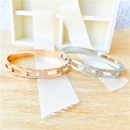 輝き放つ存在感＊ジルコニア シルバーピンクゴールド バングル