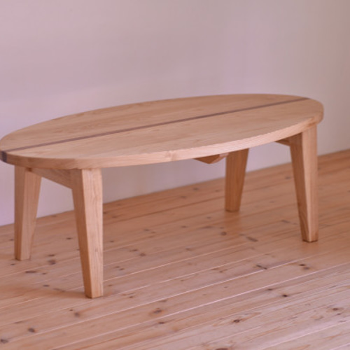 国産クリ無垢材 折りたたみセンターテーブル・サーフボード型 ロー