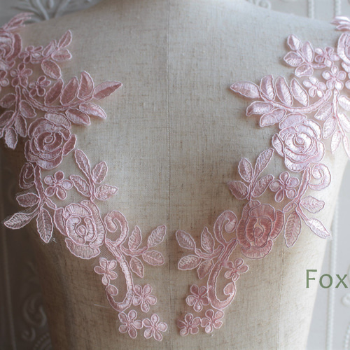 チュールコード刺繍モチーフ 1対 花 葉 ピンク (MFLC52PKJLJL