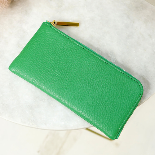 グリーン】上品かつ高級感のある薄マチ軽量で大きく使えるL字財布/L字