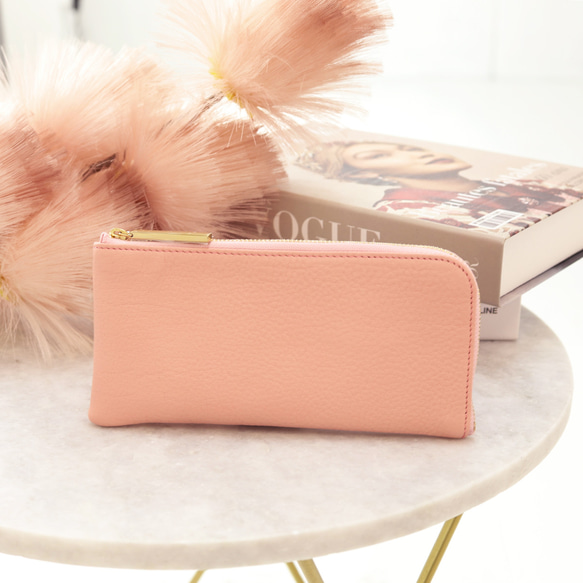 ピンク】上品かつ高級感のある薄マチ軽量で大きく使えるL字財布/L字長
