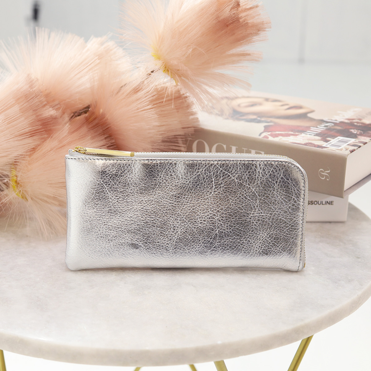 【ミラーシルバー】上品かつ高級感のある薄マチ軽量で大きく使えるL字財布/L字長財布【ユニセックス】