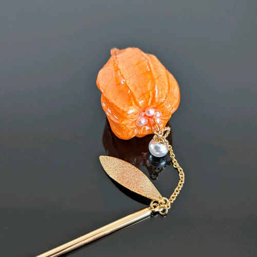 Ground Cherry Lanthanum. 本物のお花 ほおずきとパールのかんざし
