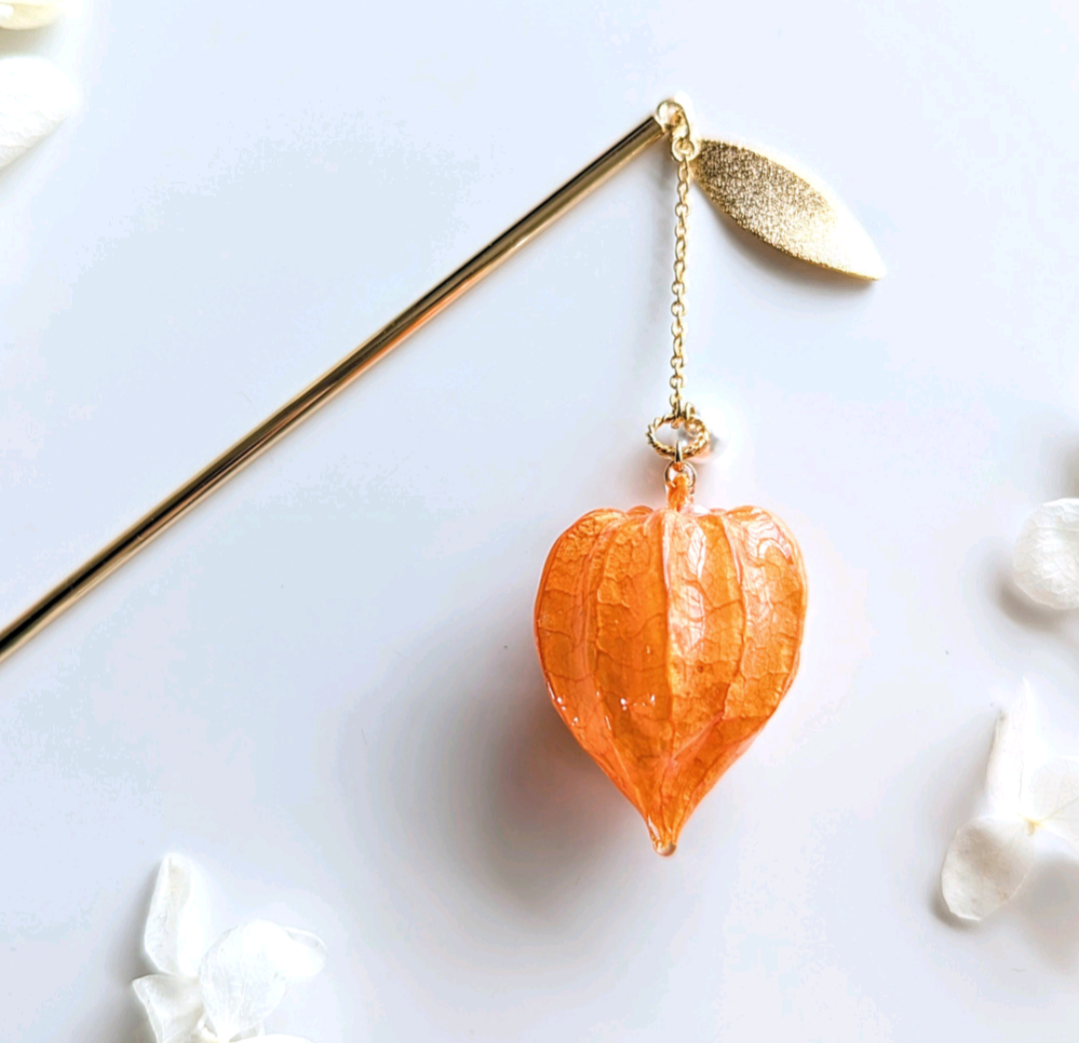 【受注制作】Ground Cherry Lanthanum. 本物のお花　ほおずきとパールのかんざし　鬼灯/リーフ/簪