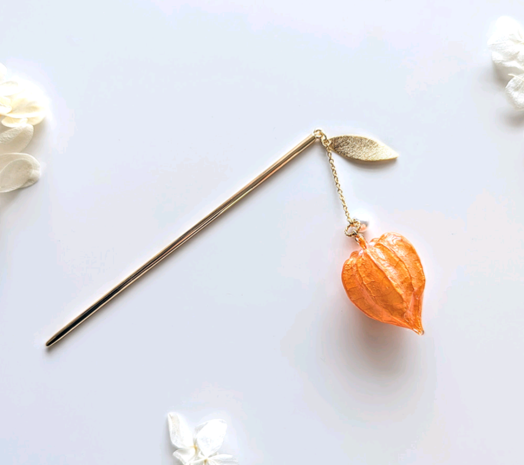 【受注制作】Ground Cherry Lanthanum. 本物のお花　ほおずきとパールのかんざし　鬼灯/リーフ/簪