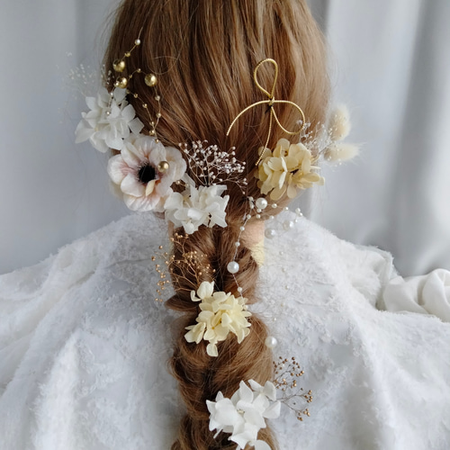 アネモネのヘッドパーツ パール 枝垂れパール リボン ヘッドドレス