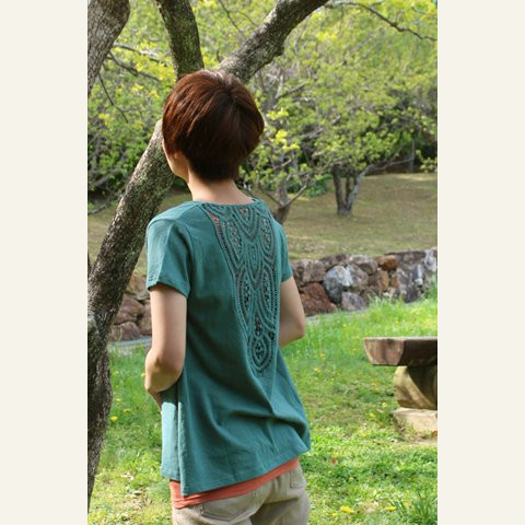 【お取り寄せ】つつむ Hemp×Organic cotton バックレースカットソー●エメラルドブルー