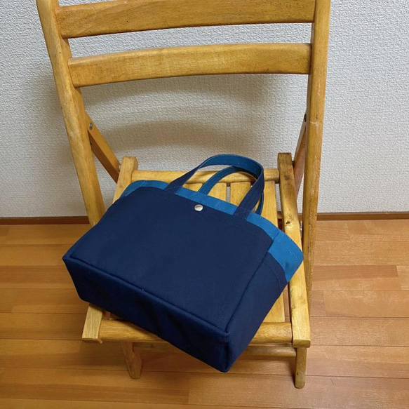 “Box Tote”小號“礦物藍 x Navy (Navy Blue) x Mustard ”倉敷帆布 No.8 [定做] 第7張的照片