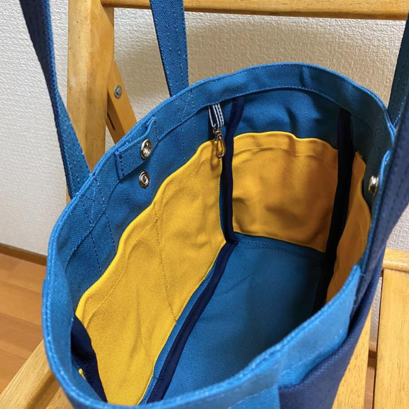 “Box Tote”小號“礦物藍 x Navy (Navy Blue) x Mustard ”倉敷帆布 No.8 [定做] 第5張的照片