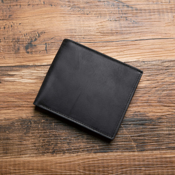 二つ折り財布 ハーフウォレット コンパクト 本革 薄い 手のひらサイズ スリム ギフト 名入れ ブラック HAW018 1枚目の画像