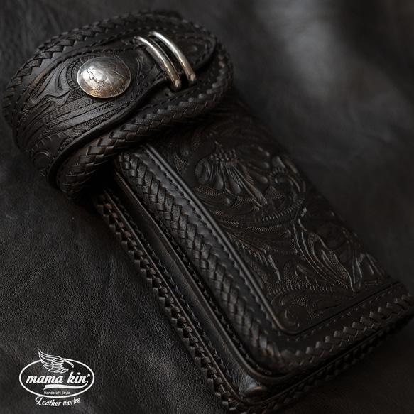 【美品✨希少】SAAD バイカーウォレット カービング 編み込み レザー 黒 mamakin_hf009cv46blk01