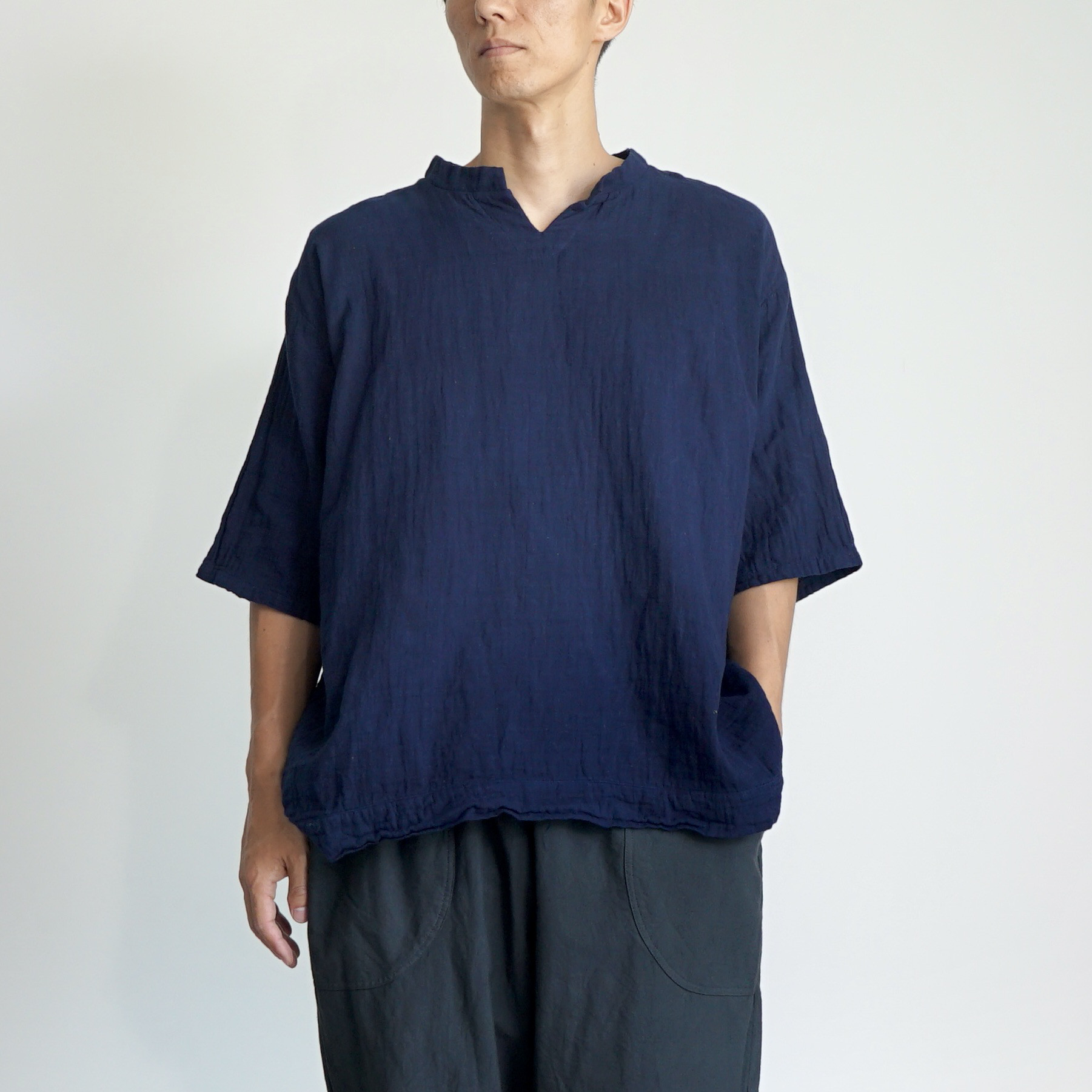 キーネックガーゼTシャツ/ネイビー/知多木綿 ダブルガーゼ
