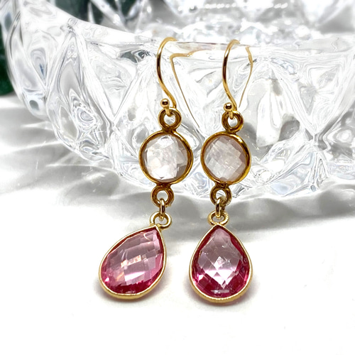 天然石】宝石質ピンクトパーズ（11月誕生石）とローズクオーツのピアス  