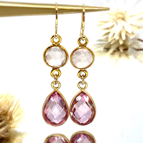 天然石】宝石質ピンクトパーズ（11月誕生石）とローズクオーツのピアス  