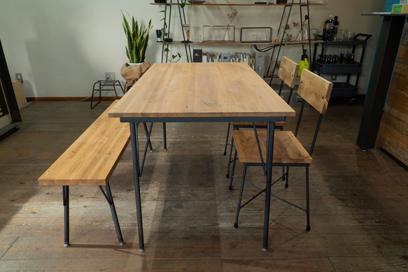 【送料無料】【セット割引】PINE DINING TABLE SET(テーブル1200、木材椅子2脚、ベンチ1200) 1枚目の画像