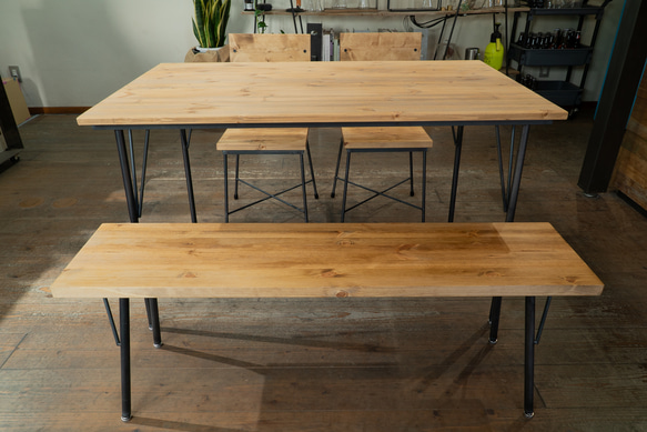 【送料無料】【セット割引】PINE DINING TABLE SET(テーブル1200、木材椅子2脚、ベンチ1200) 2枚目の画像