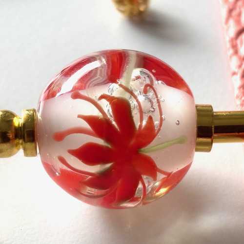 お纏め✨桃蓮玉✨オレンジ鈴ステンドグラス かんざし 彼岸花のとんぼ玉 曼珠沙華 赤 レッド 秋 紅葉 トンボ
