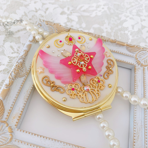 ◆001　魔法少女　変身　コンパクト　ミラー　ハンドメイド　作家様　限定出品 変身！魔法少女のキラキラコンパクトミラー 手鏡 nAmi 通販