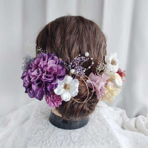 紫色のダリアと林檎の花の髪飾り 濃紫 パープル 髪かざり 成人式 卒業