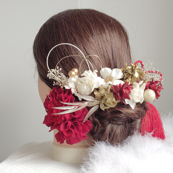煌花＿＿水引と鞠玉の髪飾り 卒業式 成人式 結婚式 白無垢 髪飾り 紅白