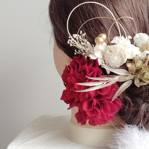 煌花＿＿水引と鞠玉の髪飾り 卒業式 成人式 結婚式 白無垢 髪飾り 紅白