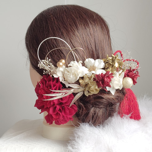 煌花＿＿水引と鞠玉の髪飾り 卒業式 成人式 結婚式 白無垢 髪飾り 紅白