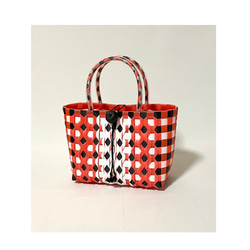 ppバンド製 朱色 チェック かごバッグ 水に強くて丈夫なプラカゴ