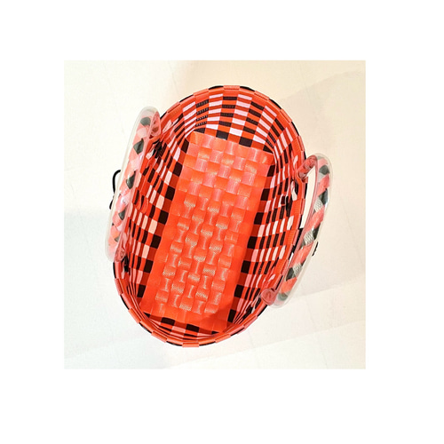 ppバンド製 朱色 チェック かごバッグ 水に強くて丈夫なプラカゴ