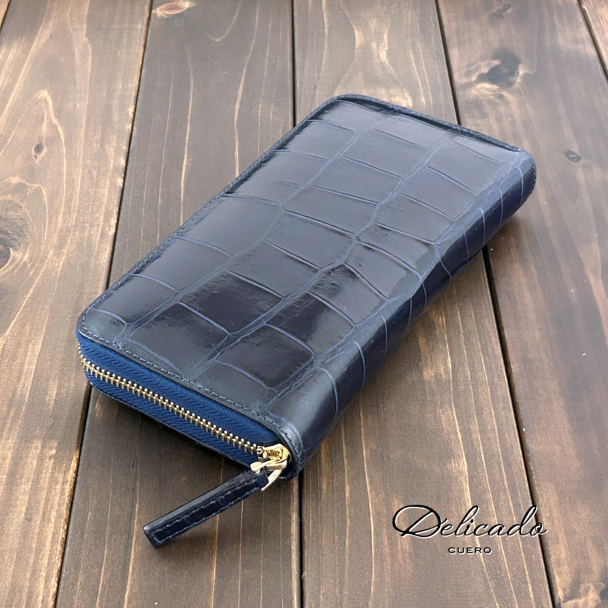 クロコダイル ロングウォレット ネイビー 財布 小銭入れ 本革 デリカド