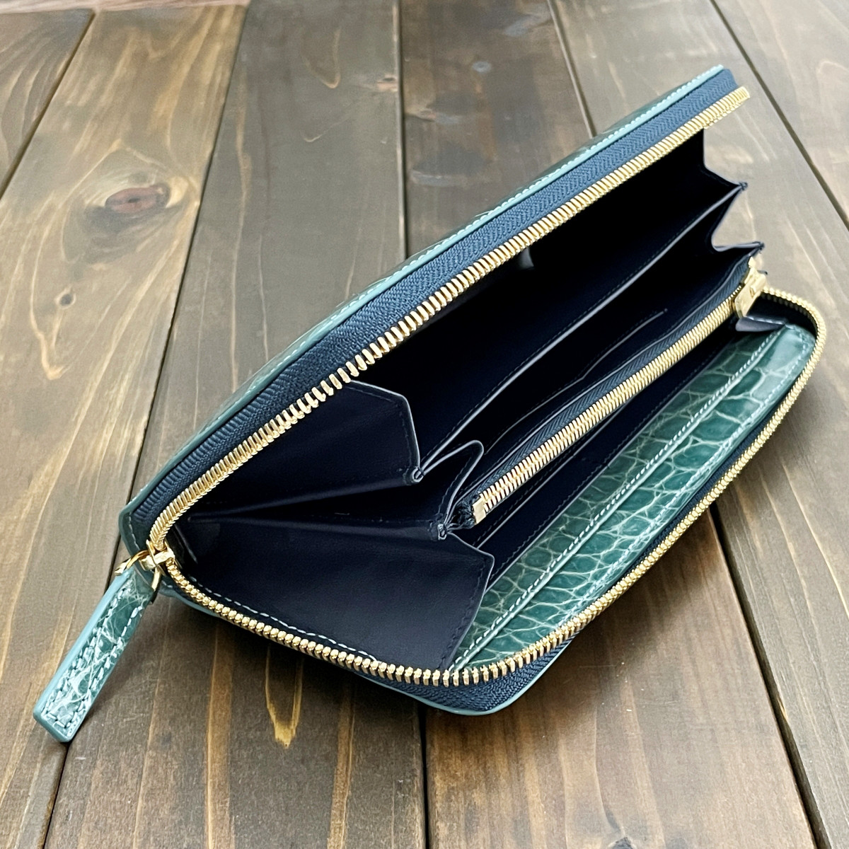 クロコダイル ロングウォレット ブルージーン 財布 小銭入れ 本革 デリカド