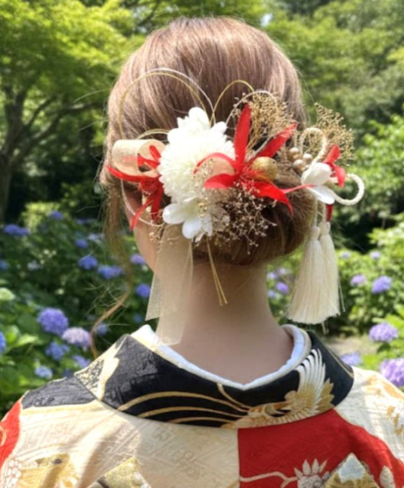 和装に 赤×白×ゴールドの華やかな髪飾り 成人式 結婚式に ♥白赤ゴールド♥ 成人式用髪飾り 成人式ヘア飾り 前撮り 振袖 和装