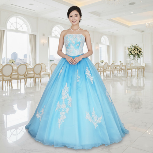 カラードレス青 ブルー ウエディングドレス 刺繍 編み上げ 結婚式 前