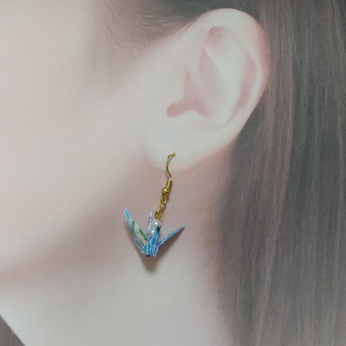 和装にも♡和☆鶴の折り紙ピアス(イヤリング)☆blue和柄/ニッケル 