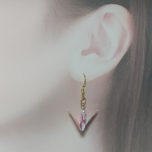 ギフトにも♡和☆鶴の折り紙ピアス(イヤリング)☆pink和柄