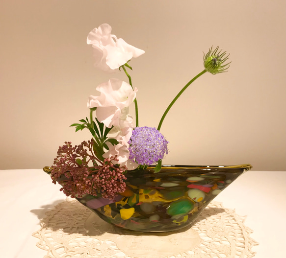 横長口吹きガラス 花入れ モスグリーン 一輪挿し・花瓶・花器