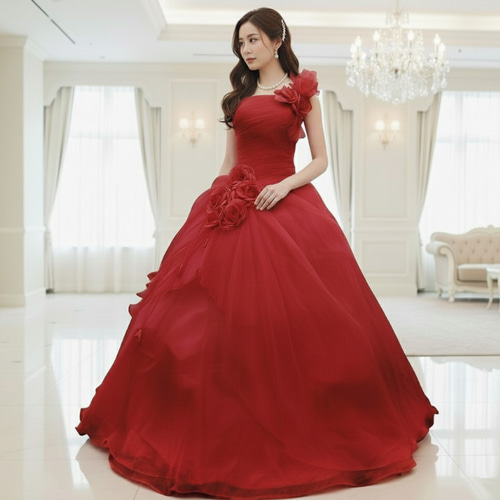 カラードレス レッド赤 ワインレッド 発表会ロングドレス ワン