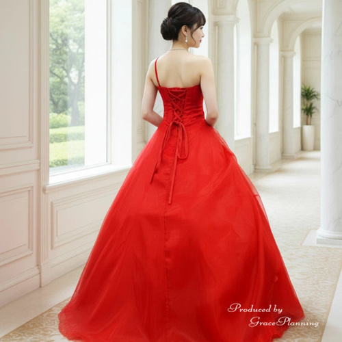 カラードレス レッド赤 ワインレッド 発表会ロングドレス ワン