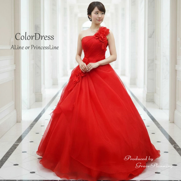カラードレス　レッド赤　ワインレッド　発表会ロングドレス　ワンショルダー 花嫁　結婚式　二次会　演奏会　　51436